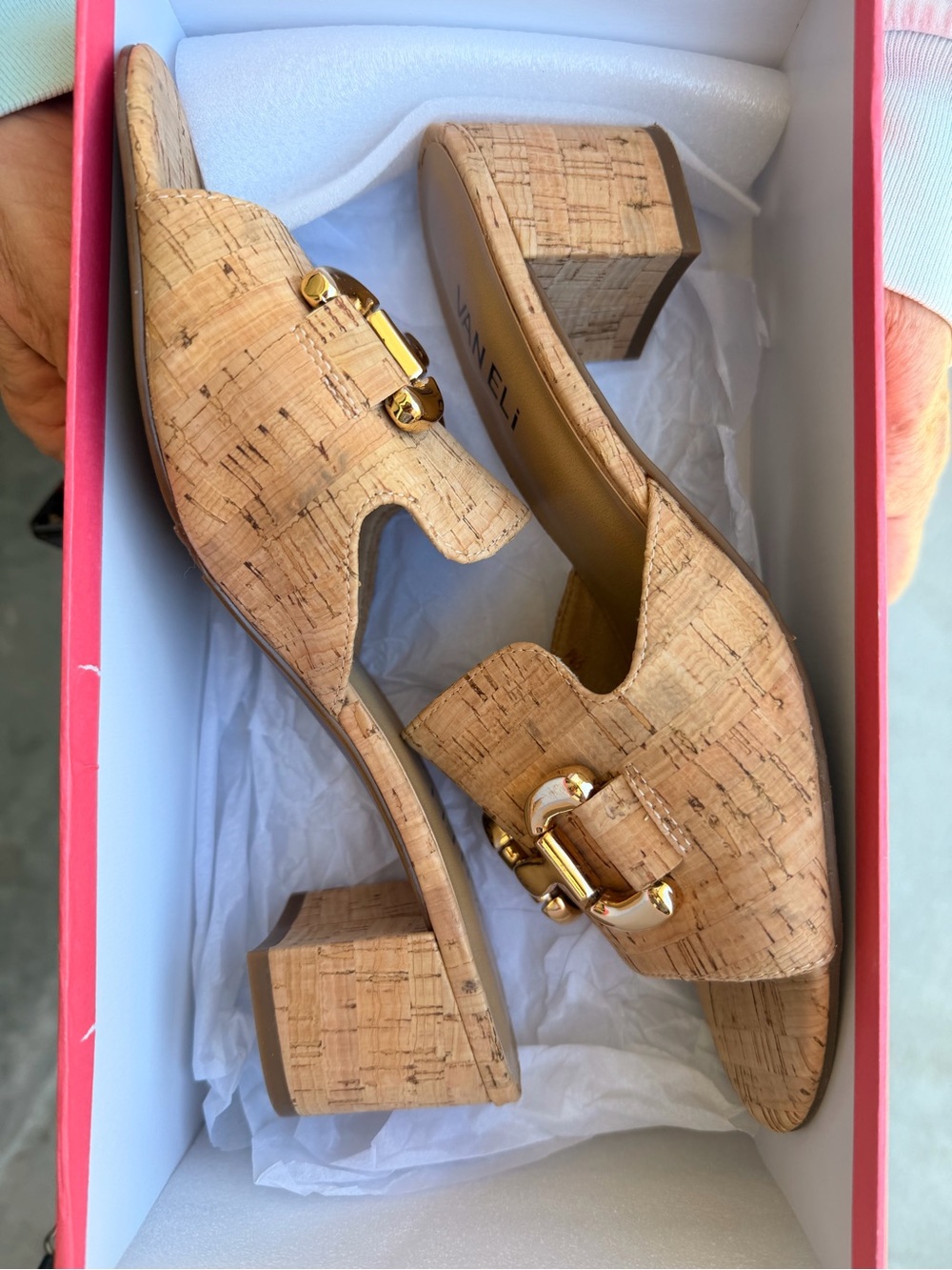 Vaneli Natural Cork Block Heel Mules with Gold Hardware